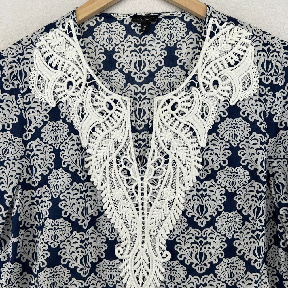 TALBOTS Top M Lace Bib Tunic Medallion Print Split Neck 3/4 Sleeve Cotton Blue - Picture 2 of 10
